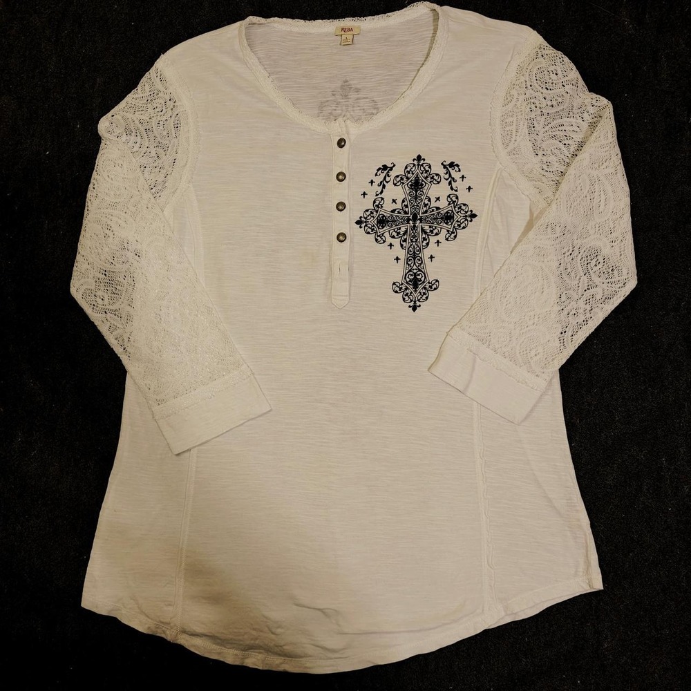 Reba Womens White Lace Long Sleeve Cross Graphic Henley Top Large Festival Goth